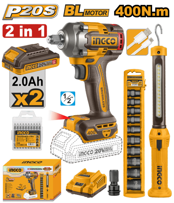 Chave de Impacto Encaixe Sextavado 1/2” 400N.m C/ 2 Bateria Íon-Lítio 20V 2.0A.h + Lanterna de Trabalho + Jogo Soquete Ingco COSLI23048-9 - Image 2