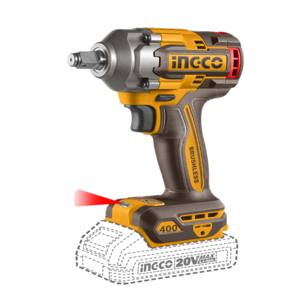 Chave de Impacto Encaixe Sextavado 1/2” 400N.m C/ 2 Bateria Íon-Lítio 20V 2.0A.h + Lanterna de Trabalho + Jogo Soquete Ingco COSLI23048-9