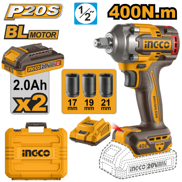 Chave De Impacto Encaixe Sextavado 1/2” À Bateria Íon-Lítio 20V Ingco CIWLI2040-9 - Imagem 2