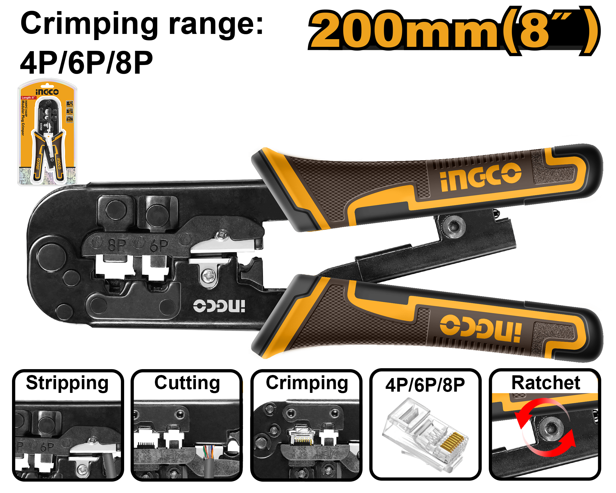 Alicate Crimpador RJ11/RJ45 8"(200mm) Ingco HMPCN2468R - Imagem 2