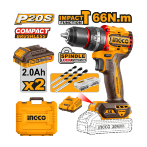 PARAFUSADEIRA E FURADEIRA COM IMPACTO 1/2” 66N.m À BATERIA ÍON-LÍTIO 20V C/2 BAT 2.0Ah INGCO CIDLI20668-9