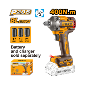"CHAVE DE IMPACTO ENCAIXE SEXTAVADO 1/2” 400N.m  À BATERIA ÍON-LÍTIO 20V INGCO (NÃO ACOMPANHA BATERIA) CIWLI20401"