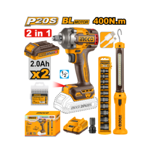 "COMBO-CHAVE DE IMPACTO ENCAIXE SEXTAVADO 1/2” 400N.m  C/ 2  BATERIA ÍON-LÍTIO 20V 2.0A.h+ LANTERNA DE TRABALHO + JOGO SOQUETE INGCO COSLI23048-9"