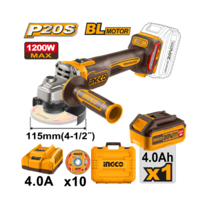 ESMERILHADEIRA ANGULAR BRUSHLESS INDUSTRIAL 4.1/2" 1200W À BATERIA 20V INGCO C/ BAT 4.0A.h CAGLI2211531-9