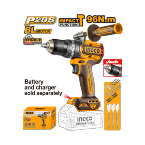 PARAFUSADEIRA E FURADEIRA COM IMPACTO 1/2” 96.m ÍON-LÍTIO 20V + CONJUNTO DE BROCAS CHATAS INGCO CIDLI209685 (NAO ACOMPANHA BATERIA)