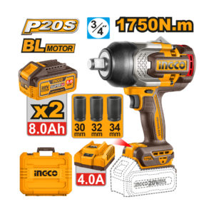 CHAVE DE IMPACTO ENCAIXE QUADRADO 3/4” 1750N.m À BATERIA ÍON-LÍTIO 20V C/2 BAT 8.0Ah INGCO CIWLI20175