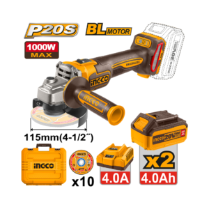ESMERILHADEIRA ANGULAR BRUSHLESS INDUSTRIAL 4.1/2" 1000W À BATERIA 20V C/2 BAT 4.0A.h INGCO CAGLI271532-9