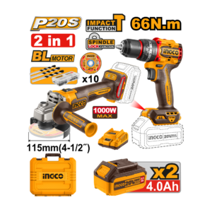 KIT ESMERILHADEIRA 4.1/2" E FURADEIRA 66N.m C/2 BAT 4.0A.h E JOGO DE ACESSORIOS INGCO CKLI20273