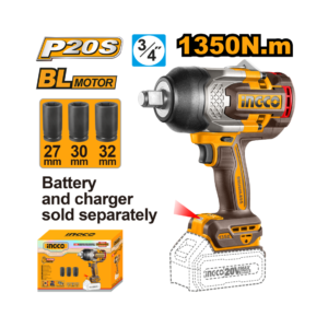 CHAVE DE IMPACTO ENCAIXE SEXTAVADO 3/4” 1350N.m À BATERIA ÍON-LÍTIO 20V INGCO CIWLI201351 (NÃO ACOMPANHA BATERIA)