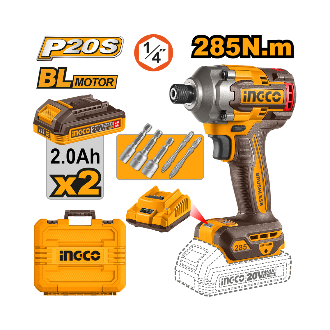 “CHAVE DE IMPACTO ENCAIXE SEXTAVADO 1/4” 285N.m À BATERIA ÍON-LÍTIO 20V C/2 BAT 2.0Ah INGCO Ref.: CIRLI2028-9 “