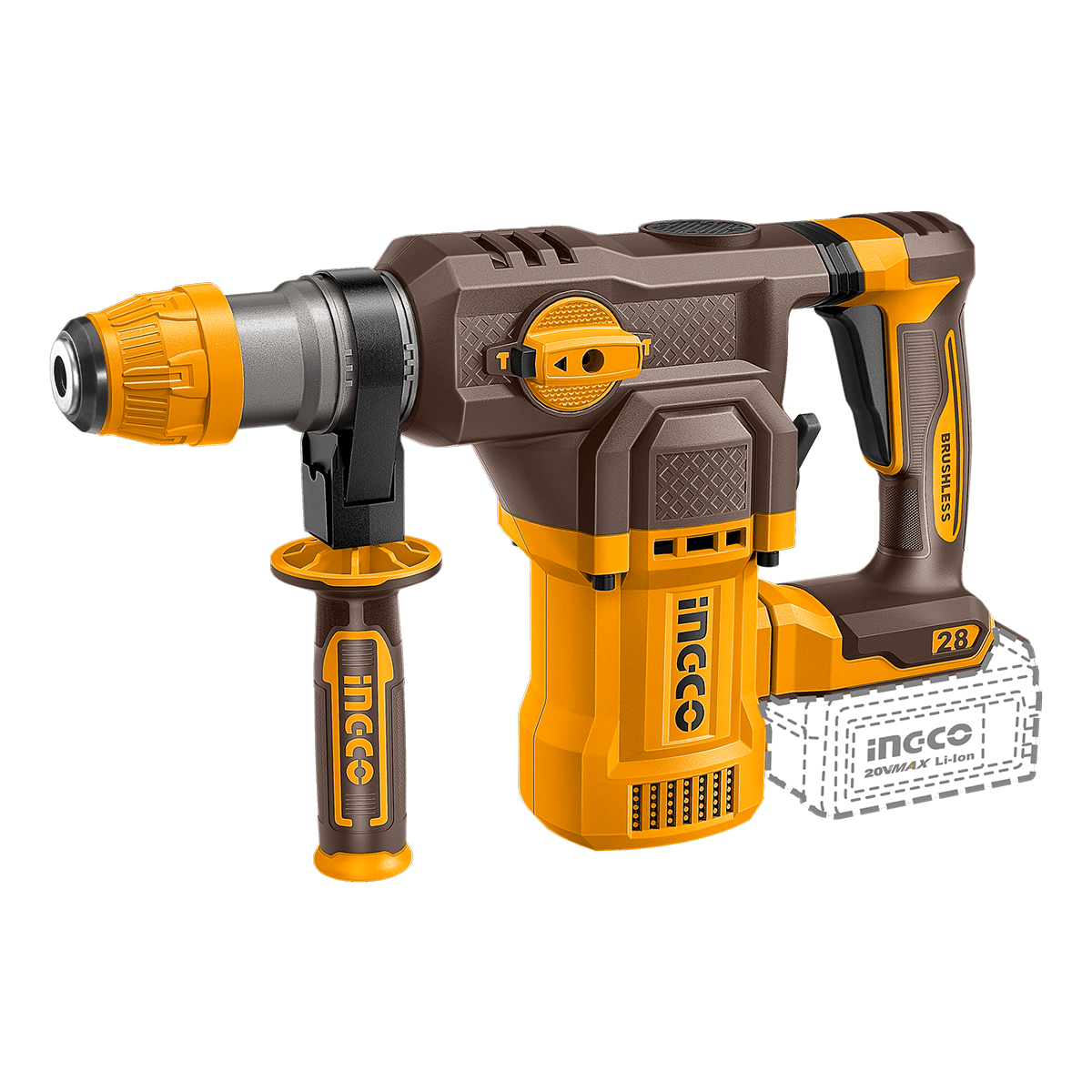 MARTELETE ROTATIVO BRUSHLESS 4‚5J SDS PLUS À BATERIA 20V INGCO CRHLI20286 (NAO ACOMPANHA BATERIA)
