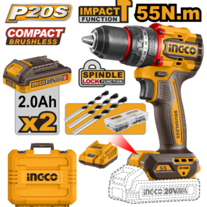 PARAFUSADEIRA E FURADEIRA COM IMPACTO 1/2” 55N.m À BATERIA ÍON-LÍTIO 20V C/2 BAT 2.0Ah INGCO CIDLI20558-9