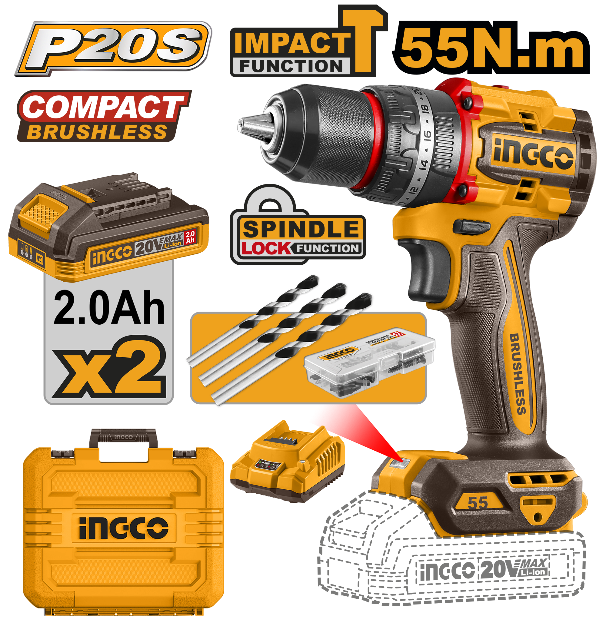 PARAFUSADEIRA E FURADEIRA COM IMPACTO 1/2” 55N.m À BATERIA ÍON-LÍTIO 20V C/2 BAT 2.0Ah INGCO CIDLI20558-9