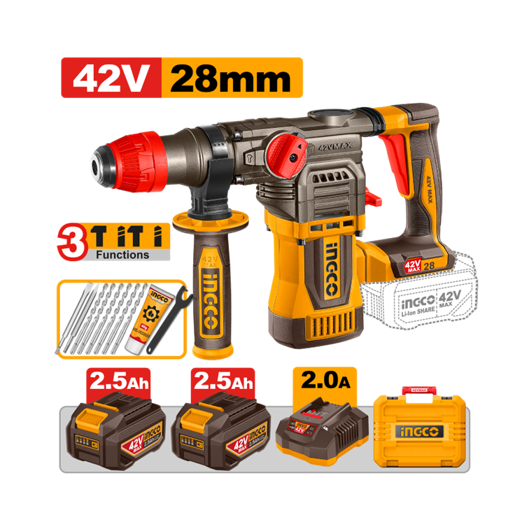 MARTELETE ROTATIVO BRUSHLESS INDUSTRIAL 4.5J 28MM À BATERIA 42V INGCO C/2 BAT 2.5A.h INGCO CRHLI422882