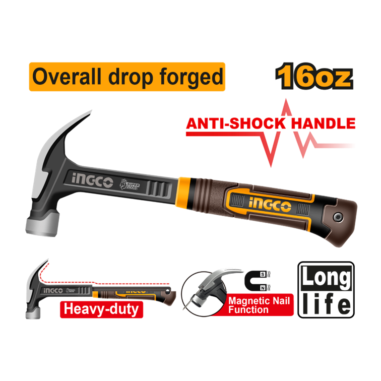 MARTELO UNHA MAGNÉTICO INTEIRO AÇO FORJADO 29MM 450G INGCO HCH81016L