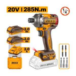 PARAFUSADEIRA DE IMPACTO ENCAIXE SEXTAVADO 1/4” 285N.M À BATERIA ÍON-LÍTIO 20V COM 2 BATERIAS 2.0AH INGCO CIRLI2028-9