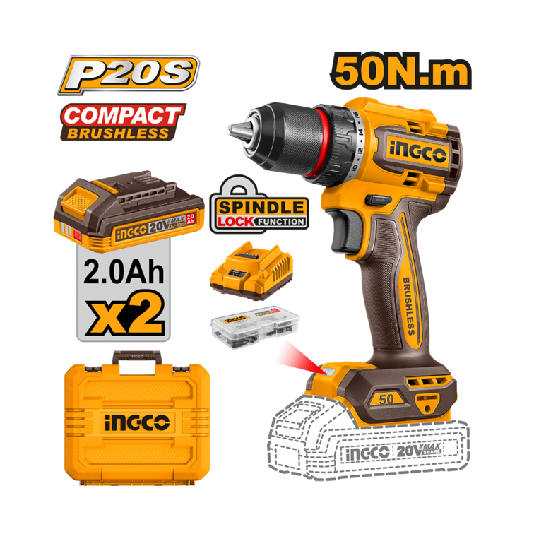 PARAFUSADEIRA E FURADEIRA 1/2” 50N.M À BATERIA ÍON-LÍTIO 20 VOLTS COM 2 BATERIAS 2.0AH – CDLI205062-9