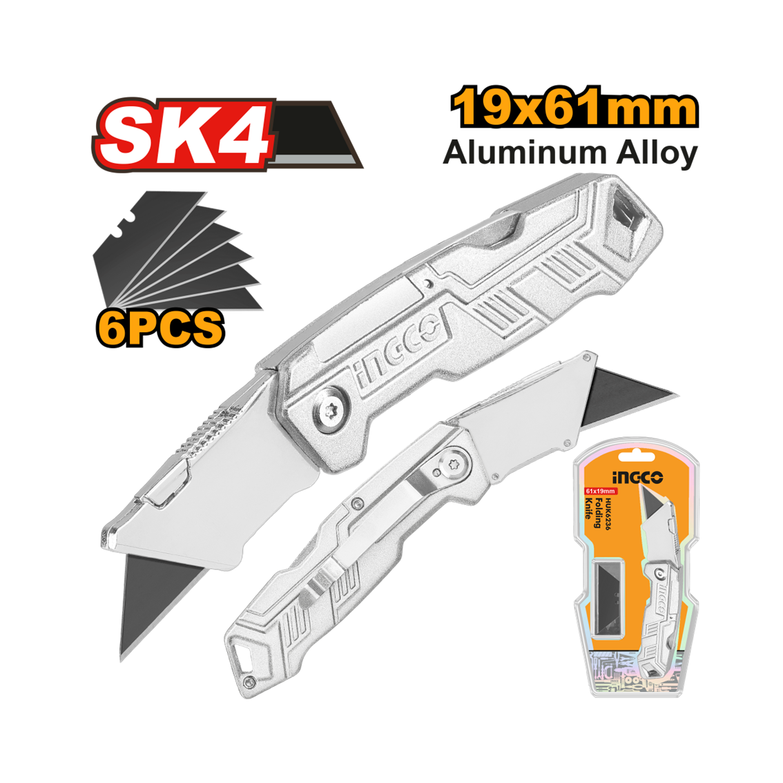 ESTILETE DOBRAVEL ALUMÍNIO C/5 LÂMINAS 61X19MM INGCO HUK6236
