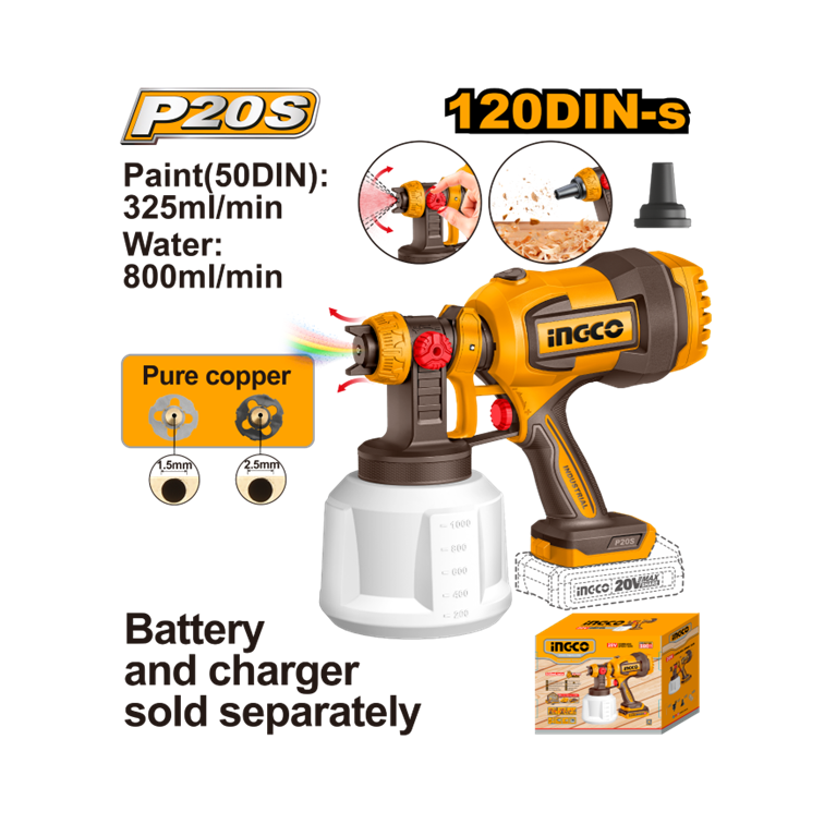 PISTOLA DE PINTURA 800ML/MIN À BATERIA ÍON-LÍTIO 20V INGCO (NÃO ACOMPANHA BATERIA) CSGLI2004