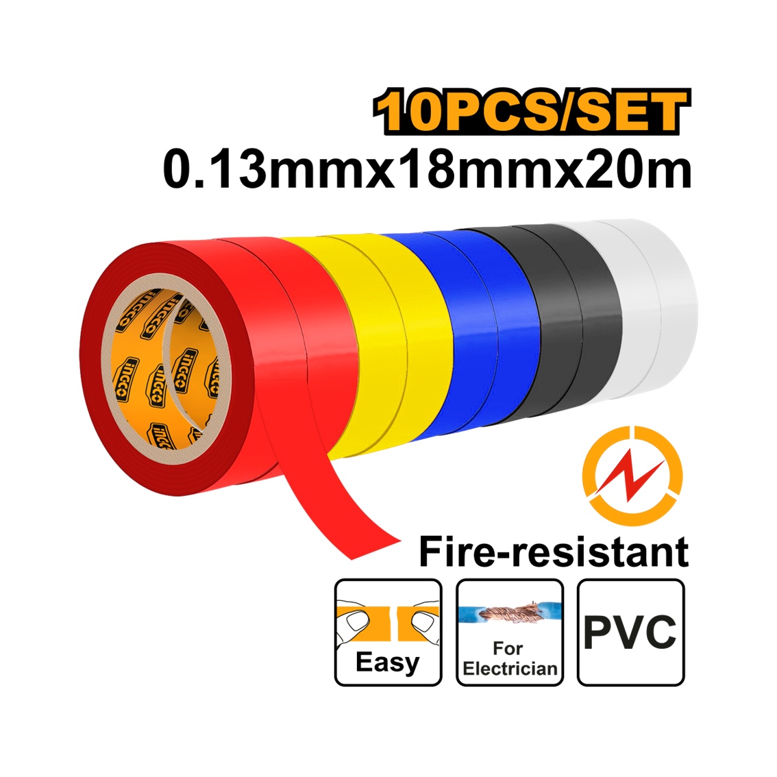 JOGO DE FITA ISOLANTE CORES 18MMX20M C/10PC INGCO HPET1013