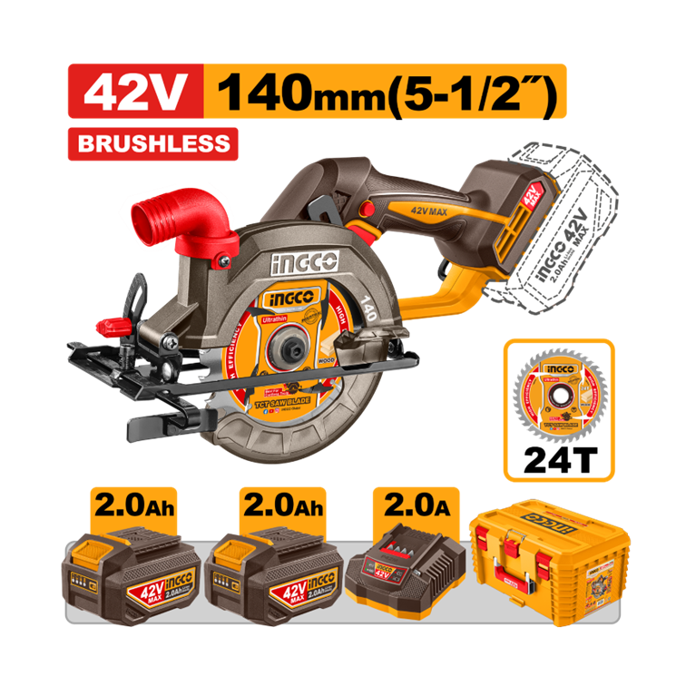 SERRA CIRCULAR BRUSHLESS INDUSTRIAL 5.1/2″ À BATERIA 42V INGCO C/2 BAT 2.0A.h INGCO CSLI4214012