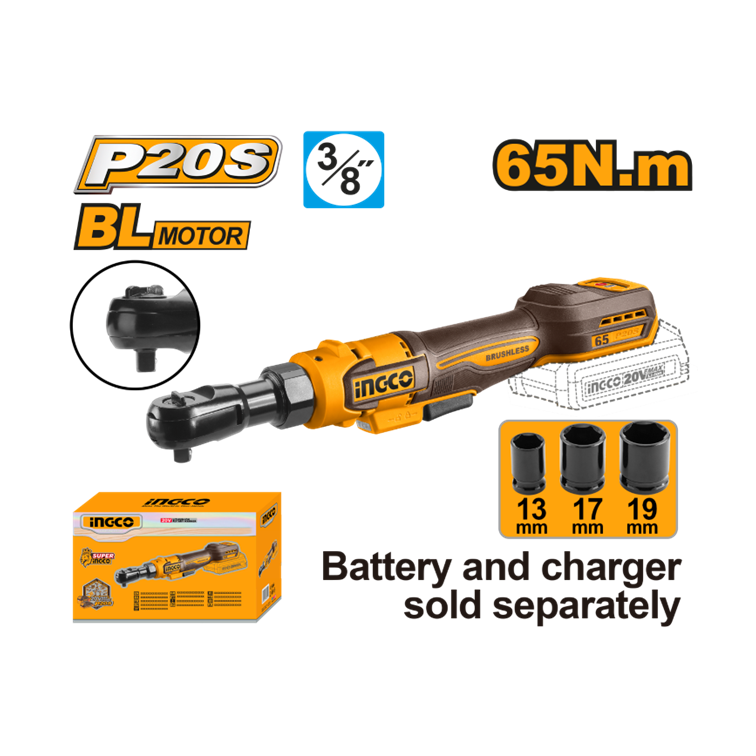 CHAVE CATRACA 3/8″ 65N.m À BATERIA ÍON-LÍTIO 20V INGCO (NÃO ACOMPANHA BATERIA) CDRLI206521 CDRLI206521