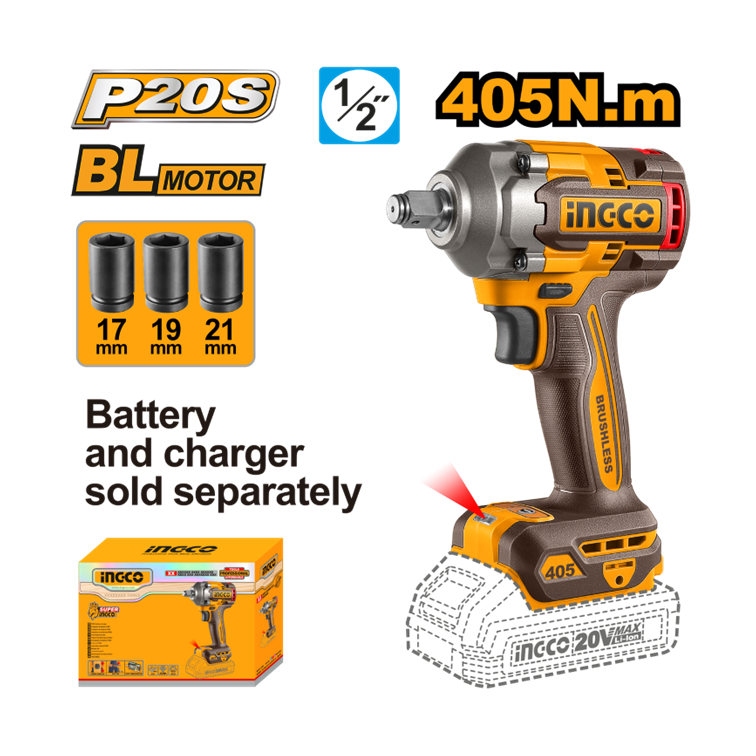 CHAVE DE IMPACTO ENCAIXE QUADRADO 1/2” 405N.m À BATERIA ÍON-LÍTIO 20V – INGCO (NÃO ACOMPANHA BATERIA CIWLI20451