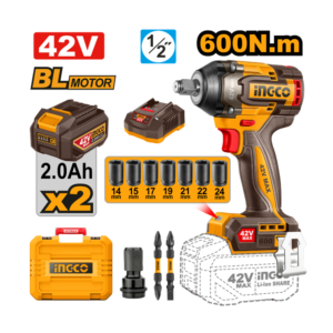 CHAVE DE IMPACTO ENCAIXE QUADRADO 1/2” 600N.m À BATERIA ÍON-LÍTIO 42V C/2 BAT 2.0Ah INGCO CIWLI42602