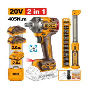 COMBO CHAVE DE IMPACTO ENCAIXE SEXT. 1/2” 405N.M À BATERIA ÍON-LÍTIO 20V COM 2 BATERIA 2.0AH + LÂMPADA DE TRABALHO LED 3,6B + JOGO SOQUETE DE IMPACTO COM 10 IMPACTO+ ADAPTADOR COSLI23056-9
