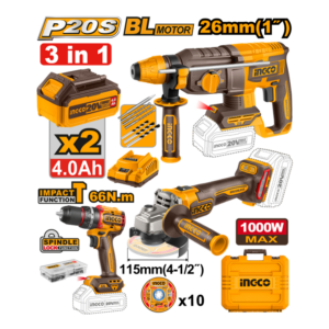 COMBO PARAFUSADEIRA 66N.m MARTELETE 2.5J ESMERILHADEIRA 4.1/2" 1000W C/2 BAT 4.0aH INGCO COSLI241198-9