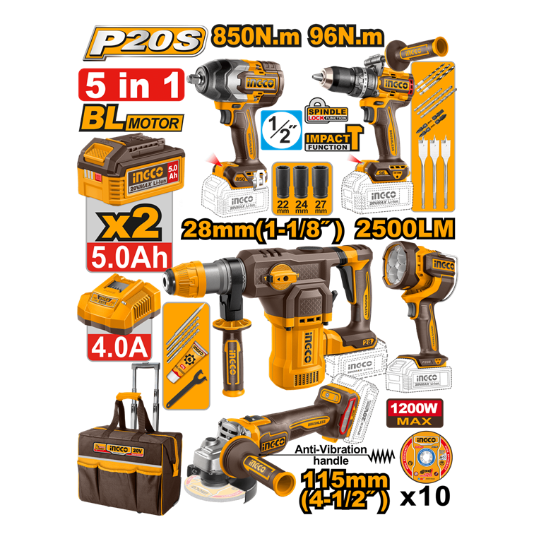 COMBO PARAFUSADEIRA 96N.m+CHAVE IMPACTO 850N.m+ESMERILHADEIRA 4.1/2″ 1200W+MARTELETE 4.5J+LANTERNA REFLETORA 2500LM+BOLSA C/2 BAT 5.0Ah INGCO COSLI251193-9