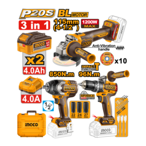 COMBO PARAFUSADEIRA 96N.M+CHAVE IMPACTO 850N.M+ESMERILHADEIRA 4.1/2"+CHAVE IMPACTO 850N.M+ESMERILHADEIRA 4.1/2" 1200W COM 2 BATERIAS 4.0AH COSLI251292-9