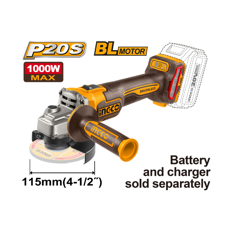 ESMERILHADEIRA ANGULAR BRUSHLESS INDUSTRIAL 4.1/2″ 1000W À BATERIA 20V INGCO (NAO ACOMPANHA BATERIA) CAGLI27153