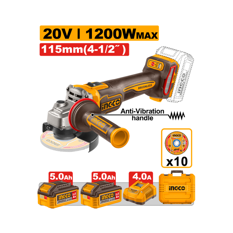 ESMERILHADEIRA ANGULAR BRUSHLESS INDUSTRIAL 4.1/2″ 1200W À BATERIA 20V C/2 BAT 5.0A.H INGCO CAGLI2120252-9
