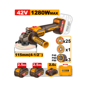 ESMERILHADEIRA ANGULAR BRUSHLESS INDUSTRIAL 4.1/2" 1280W À BATERIA 42V - MARCA: INGCO COM 2 BATERIAS 2.5A.H CAGLI4128112-9