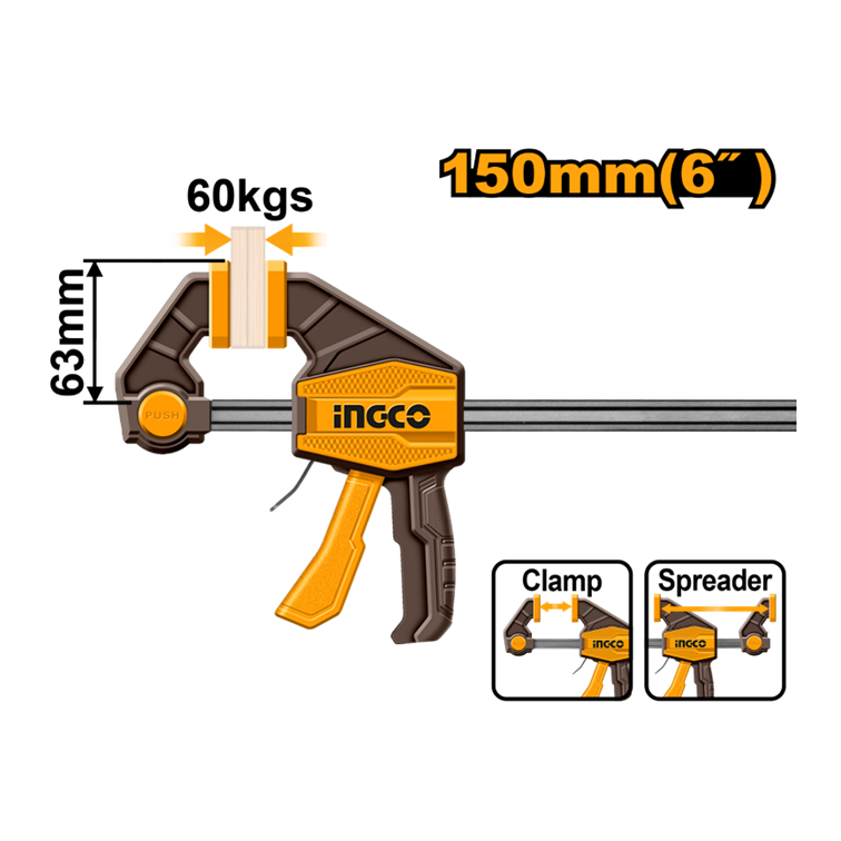 GRAMPO TIPO SARGENTO DE APERTO RÁPIDO 63X150MM(6 POL) 60KG INGCO HQBC01601