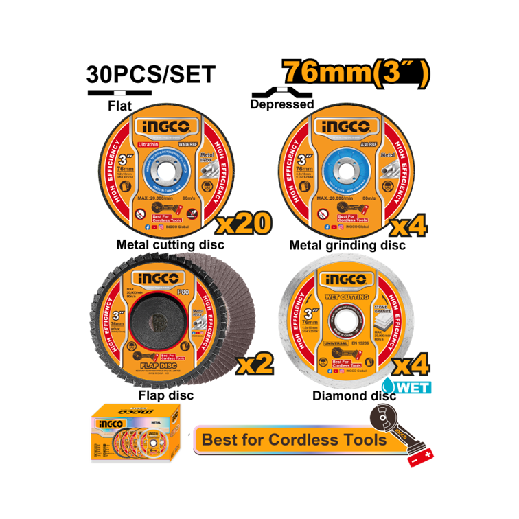 JOGO DE DISCO P/MINI MAQUINA DE CORTE 3″ (76MM) C/30PC INGCO MCD07630